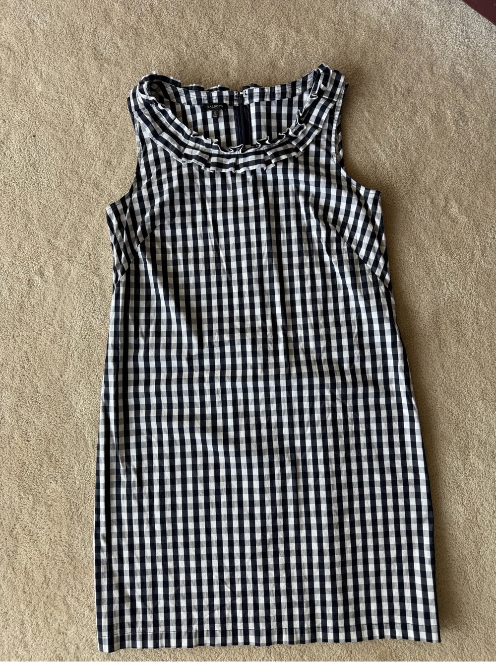 Talbots Navy and White Gingham Dress with Ruffle Neck